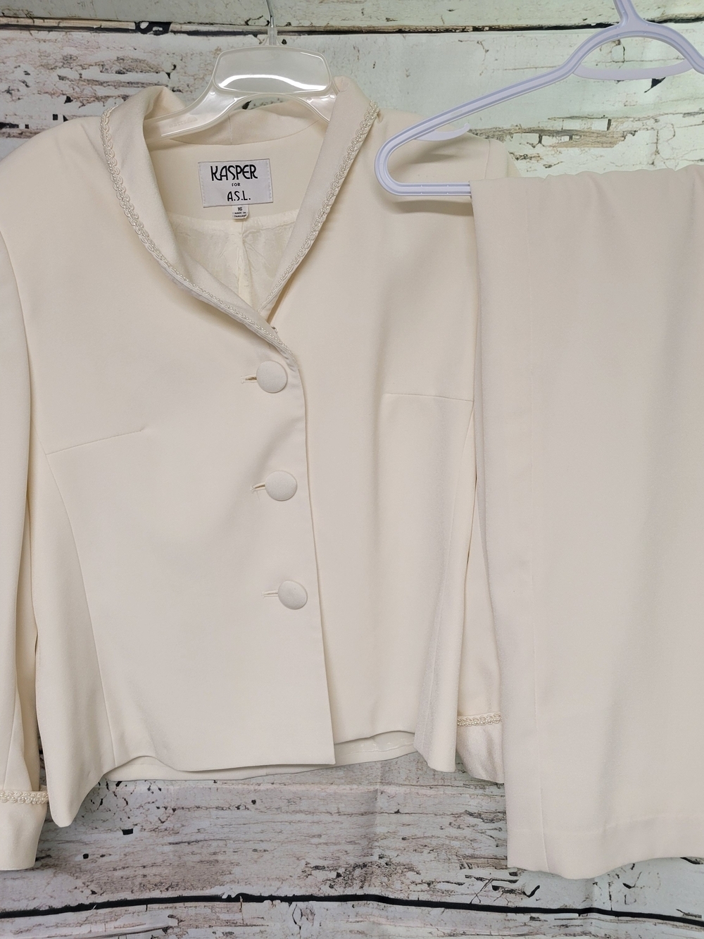 Kasper for A.S.L. Ivory 2 Piece Skirt Suit Size 16 Beaded Trim Career Formal